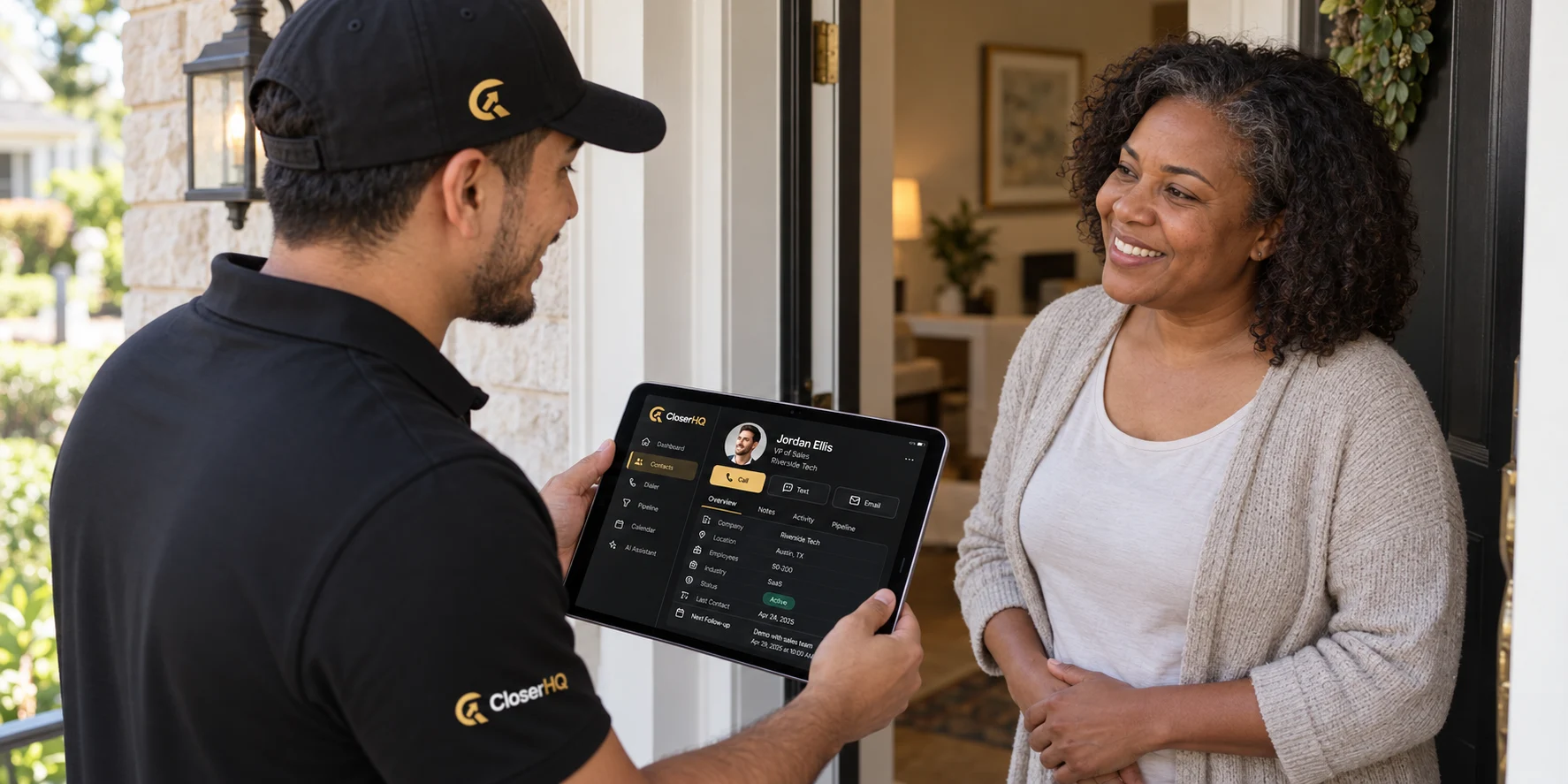 CloserHQ salesperson with an iPad at a customer’s doorstep